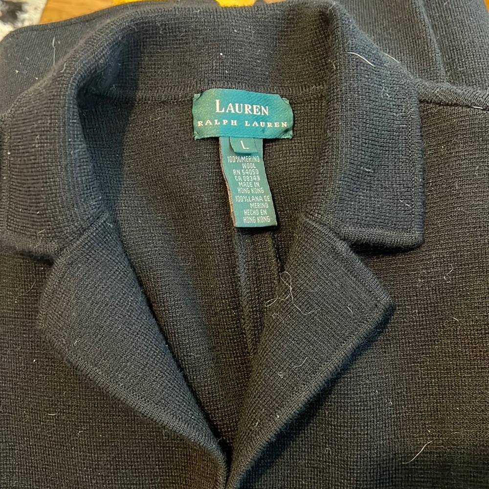 🕶️Lauren by Ralph Lauren 100% merino wool long black sweater coat knit blazer L - Picture 3 of 8